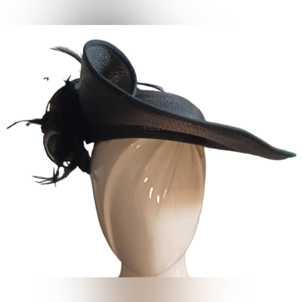 Vintage 80s Black Faux Straw Hat Fabric Rose Feather Wide Brim Princess Di Style